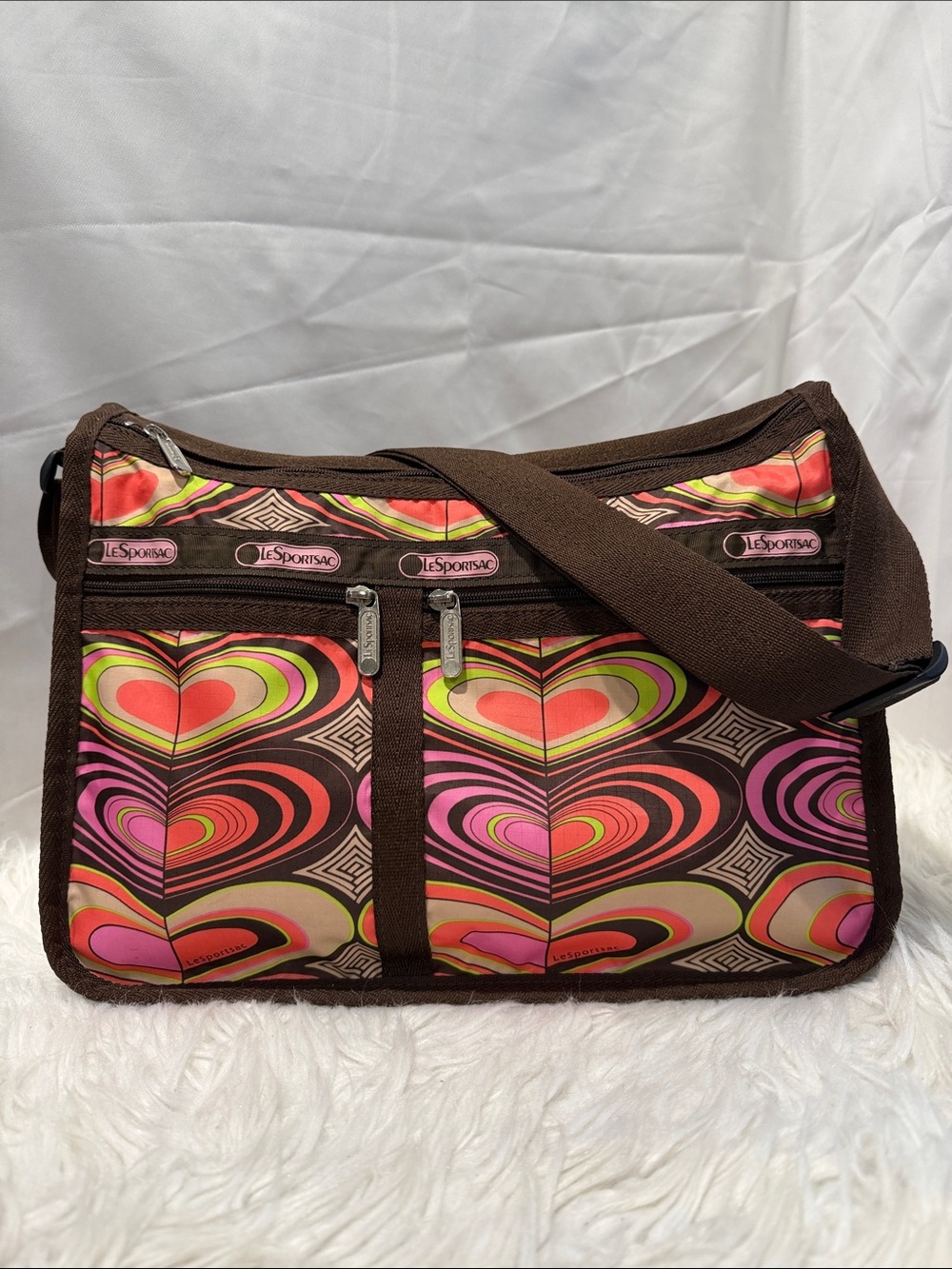 LeSportsac Brown Crossbody Bag with Pink, Red and Green Heart Print